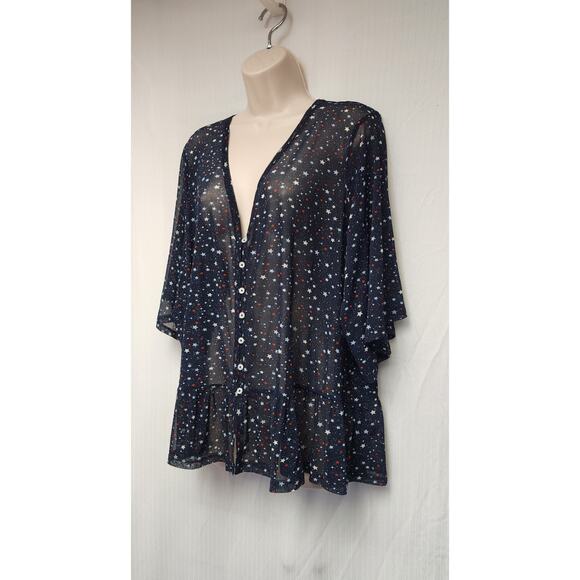 Lane Bryant 3/4 Bell Sleeve V-Neck Sheer Star Pattern Blouse Multi-Blue Sz 26-28 - Picture 3 of 8